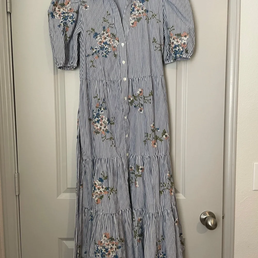 Veronica Beard Blue & White Striped Floral Tie-Waist Midi Dress - Picture 2 of 3